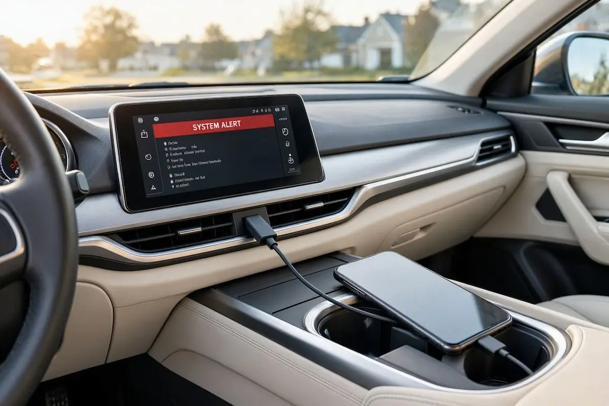 android auto communication error 16 red screen warning on car dashboard infotainment display