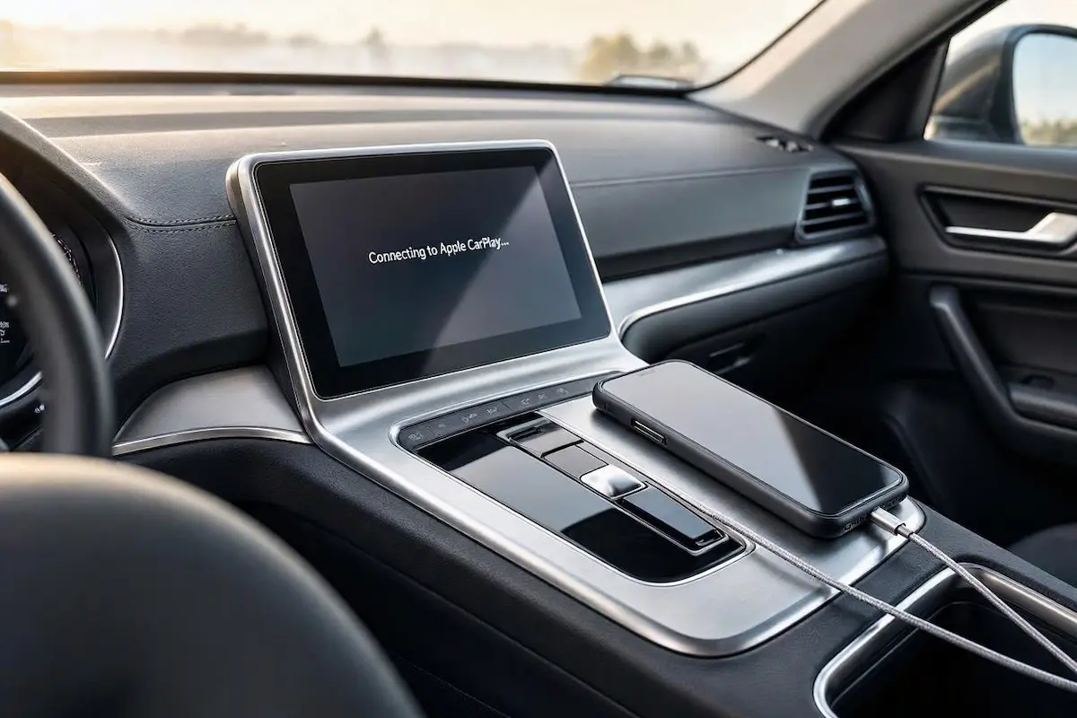 apple carplay not working after update showing connection error on modern car touchscreen dashboard