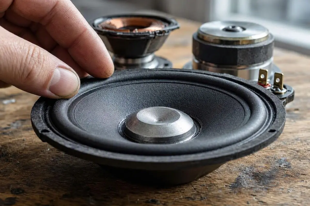 Inspecting Blown Car Speaker Voice Coil and Cone Surround inspecting speaker cone and voice coil to fix car speakers crackling when playing music