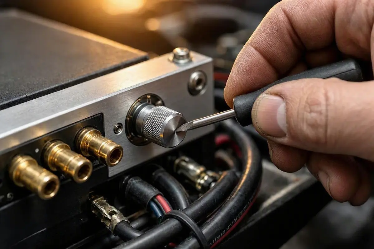 adjusting car amplifier gain to eliminate engine whine