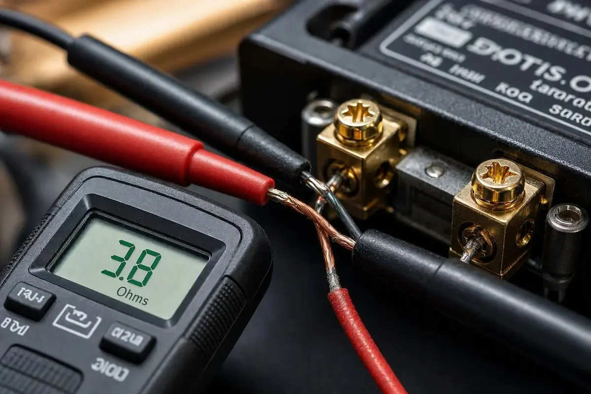 multimeter measuring speaker terminal impedance to fix car amplifier goes into protect mode