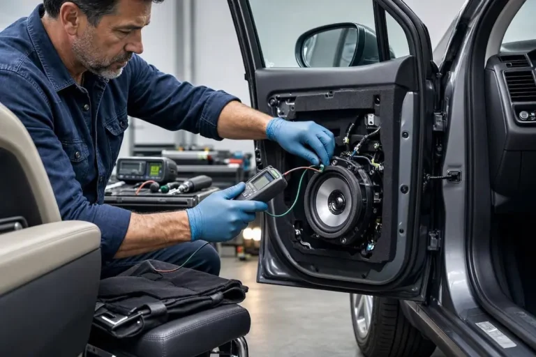 car speakers crackling when playing music showing vehicle door panel audio inspection