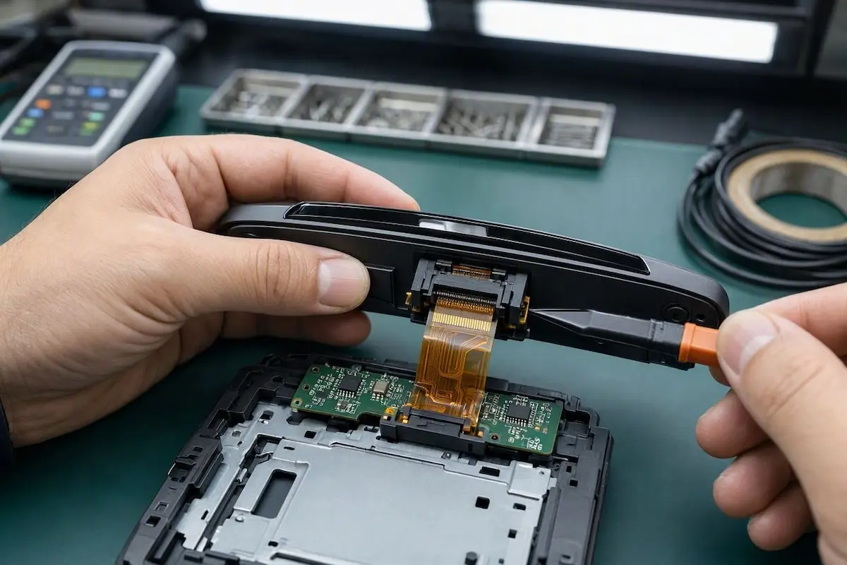 technician inspecting lcd display fpc ribbon cable connection inside android car stereo chassis