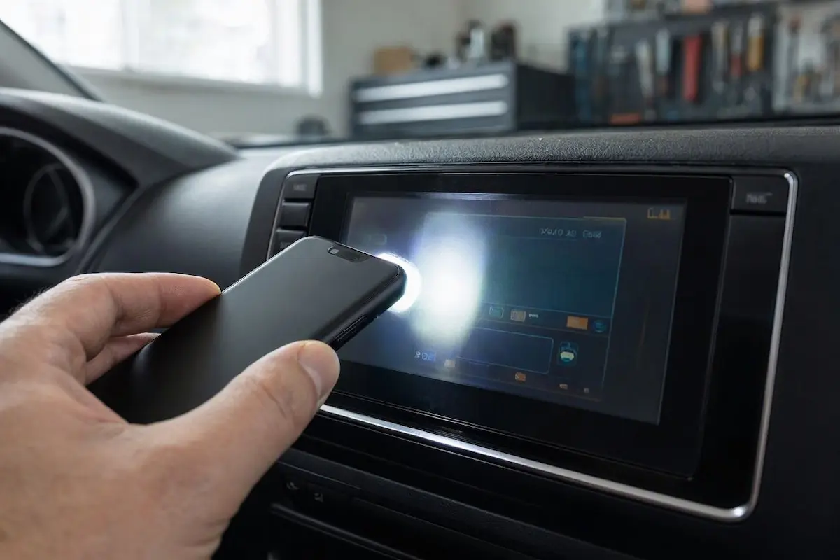 shining smartphone flashlight on dark display to fix car radio screen black but sound works
