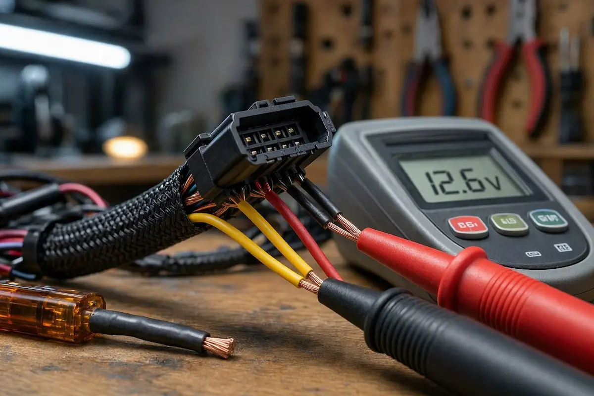 multimeter probing yellow and red wires on car stereo harness to fix car radio keeps restarting