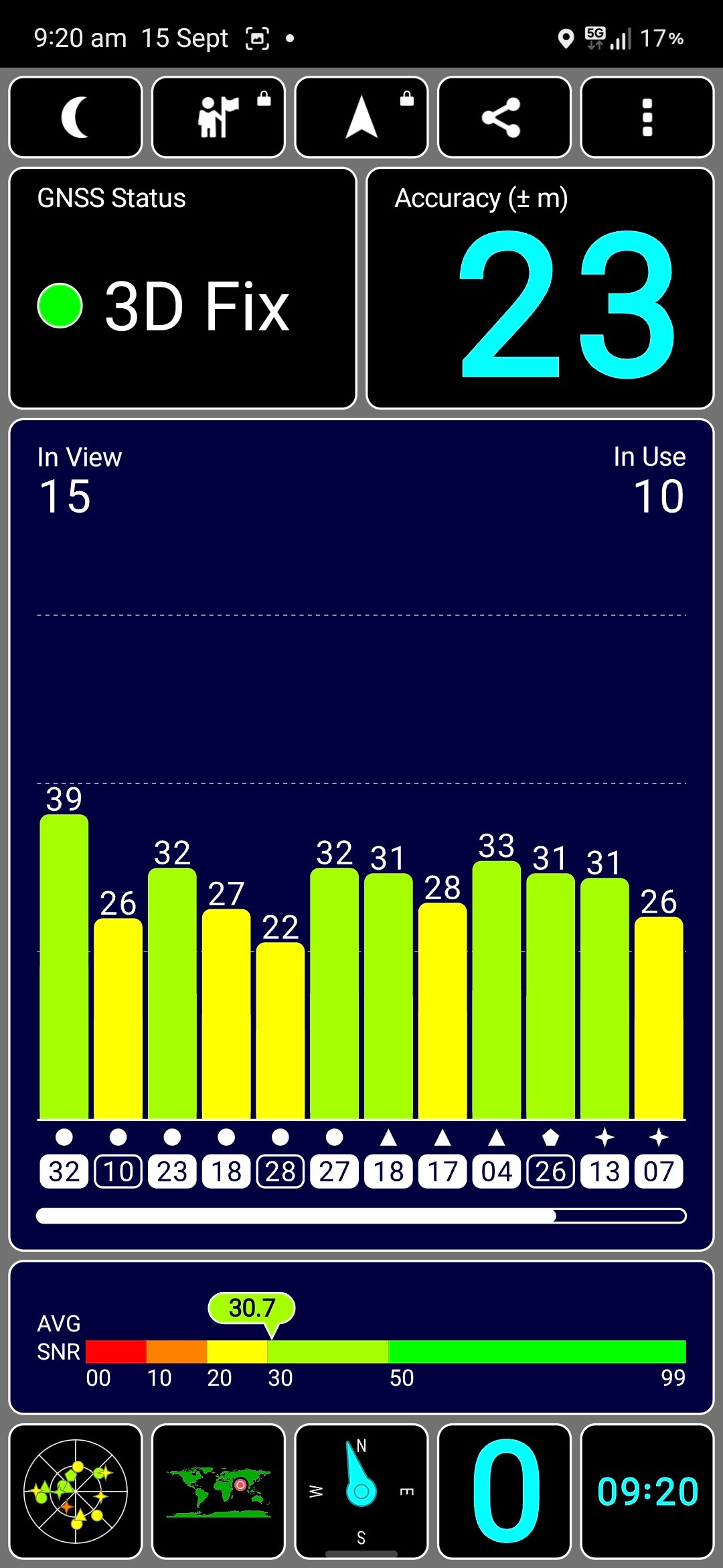 GPS test app showing satellite signal SNR on android car stereo