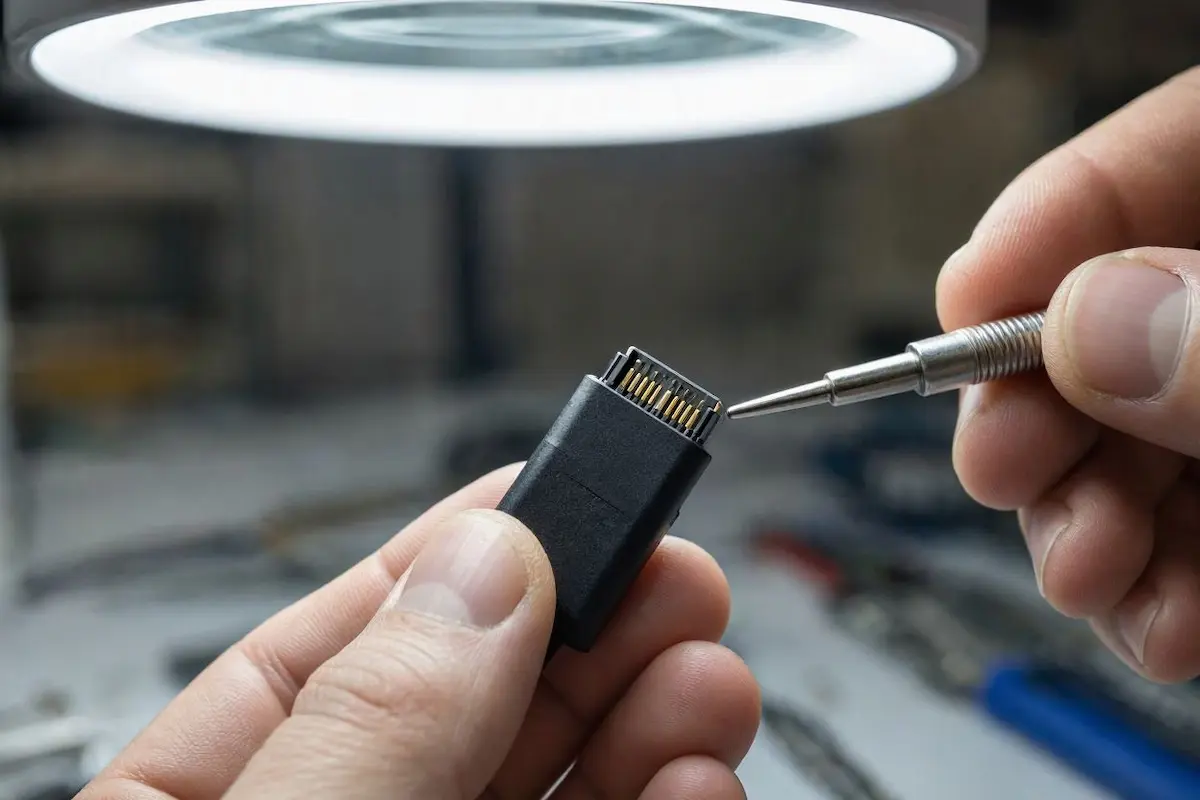 close up inspection of gold data pins on phone charging cable for apple carplay keeps disconnecting fix