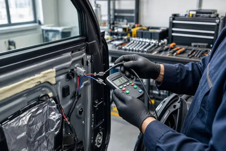 technician testing car door speaker with a digital multimeter to fix only one car speaker works