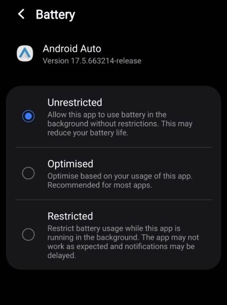 android auto battery unrestricted setting