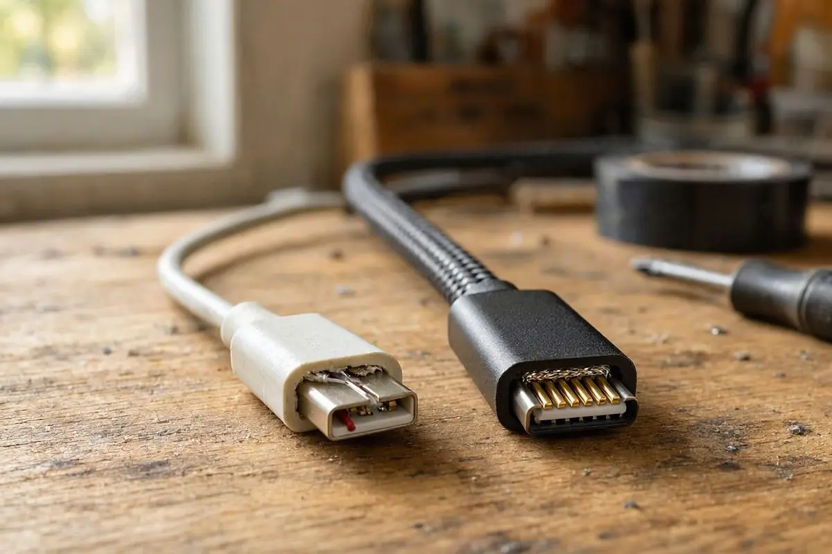 comparing charge-only cable and high speed data cable to fix android auto only charges phone