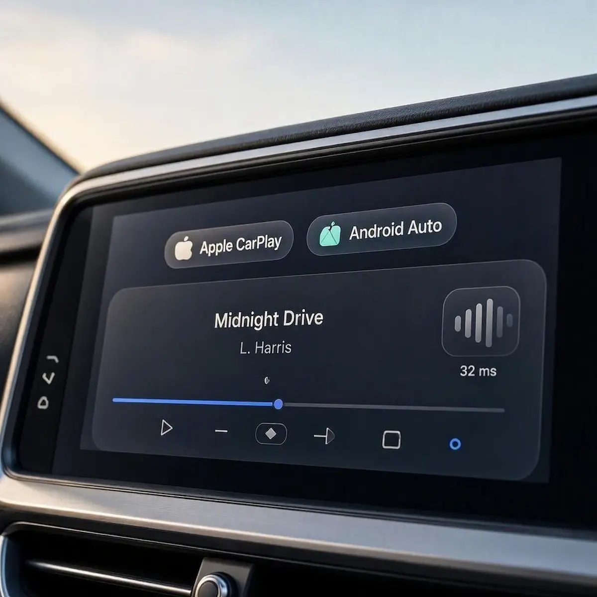 Infotainment touchscreen diagnosing wireless CarPlay audio delay and media buffer lag