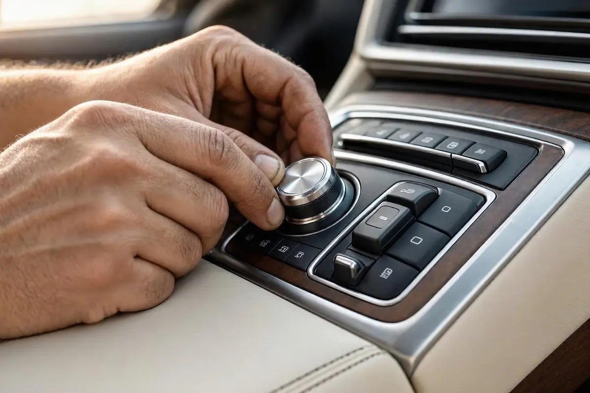 technician performing a hard reset on audi mmi infotainment system using volume and toggle knobs