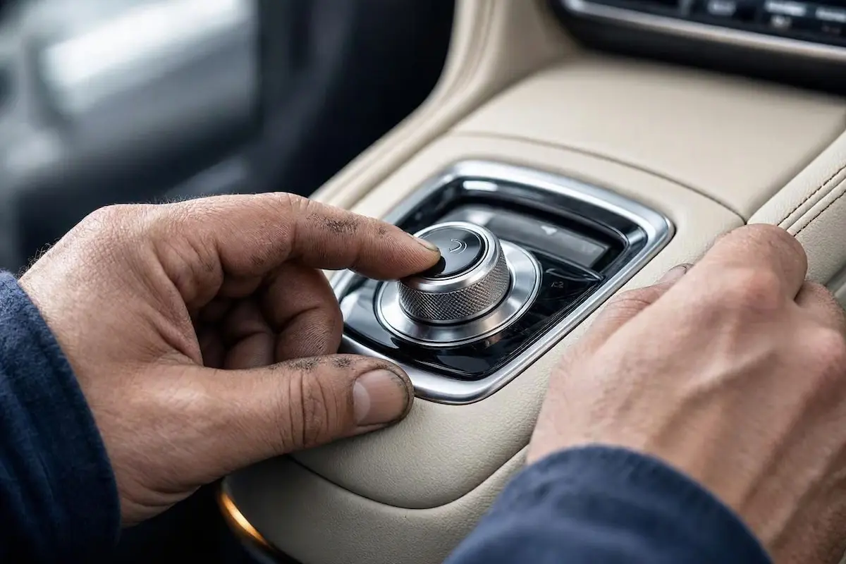 technician performing a hard reset on bmw idrive infotainment system using volume knob