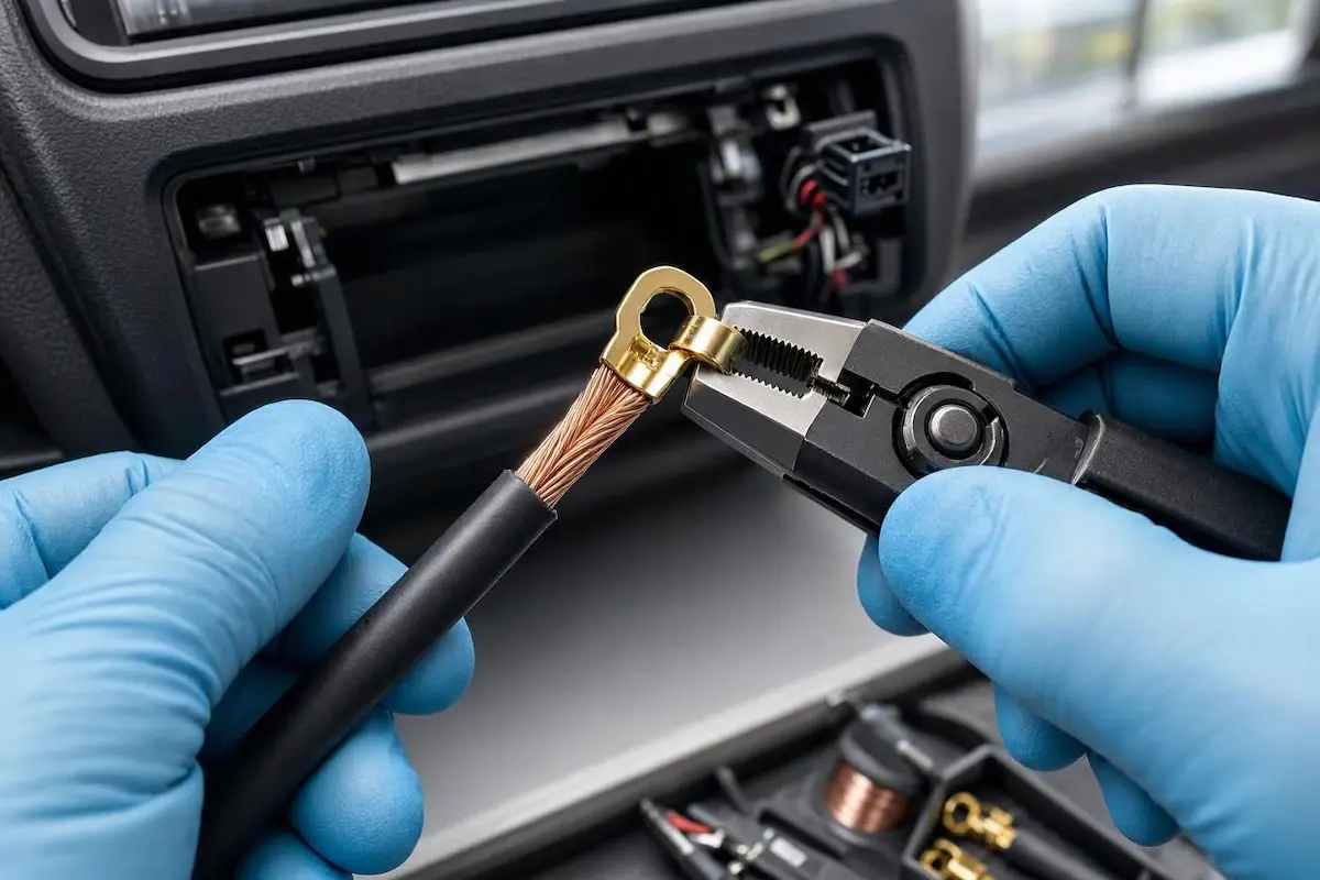 Car Audio Wiring Harness and Ground Terminal Inspection inspecting car stereo ground wiring to resolve car stereo sound cuts out at high volume fault