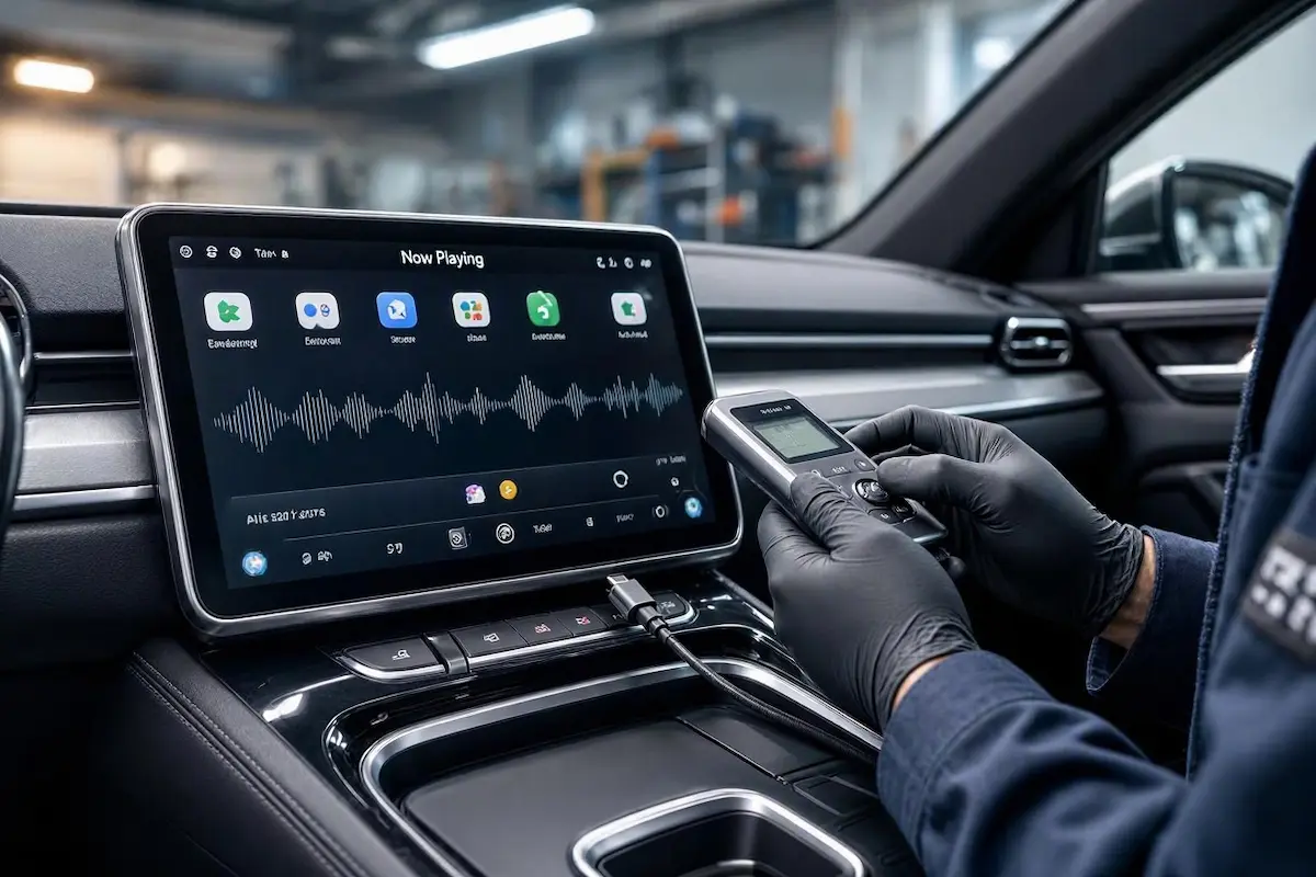 Apple CarPlay Audio Latency Diagnostic carplay audio delay diagnostic testing on wireless car touchscreen display
