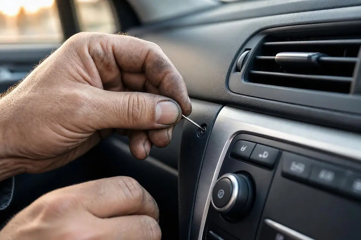 Infotainment Reset Pin Location technician using a reset pinhole on a modern vehicle infotainment display