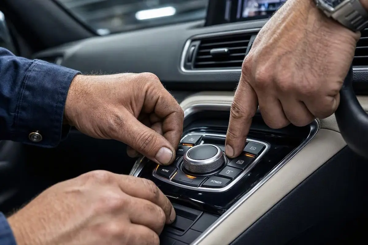 technician performing a hard reset on mazda connect infotainment system using control buttons