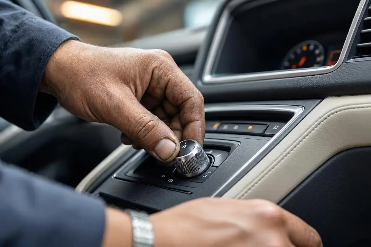 technician performing a hard reset on nissan connect infotainment system using power knob