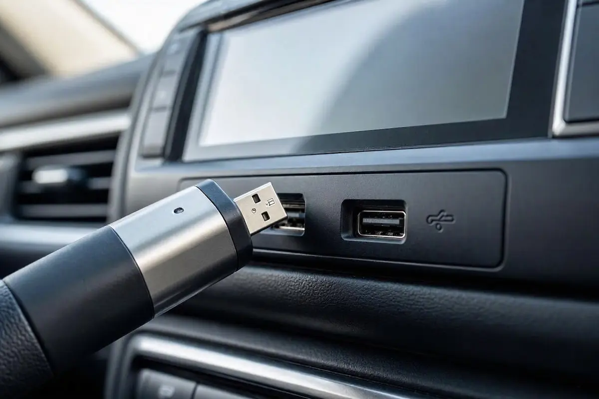 technician updating firmware via usb drive on pioneer nex stereo