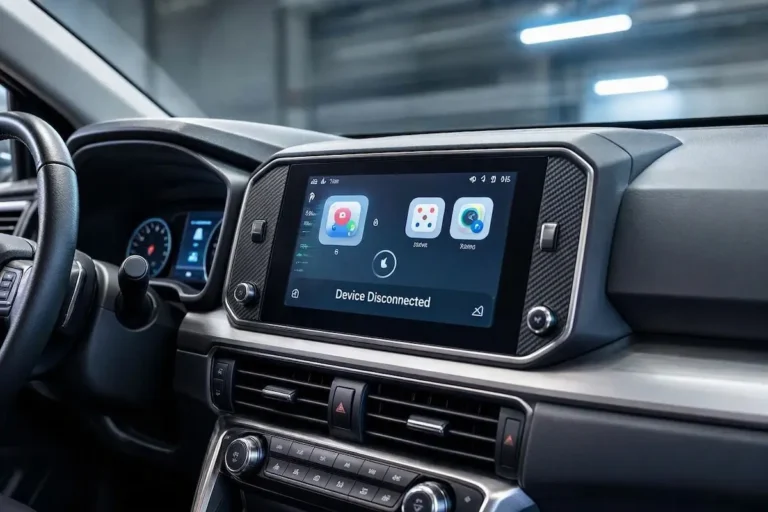 Toyota RAV4 dashboard infotainment touchscreen showing apple carplay disconnecting error during diagnostic check