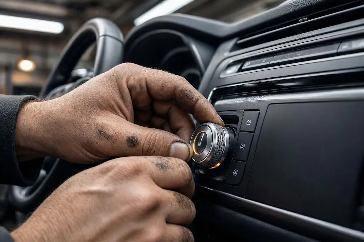 technician performing a hard reset on volkswagen mib infotainment system power button